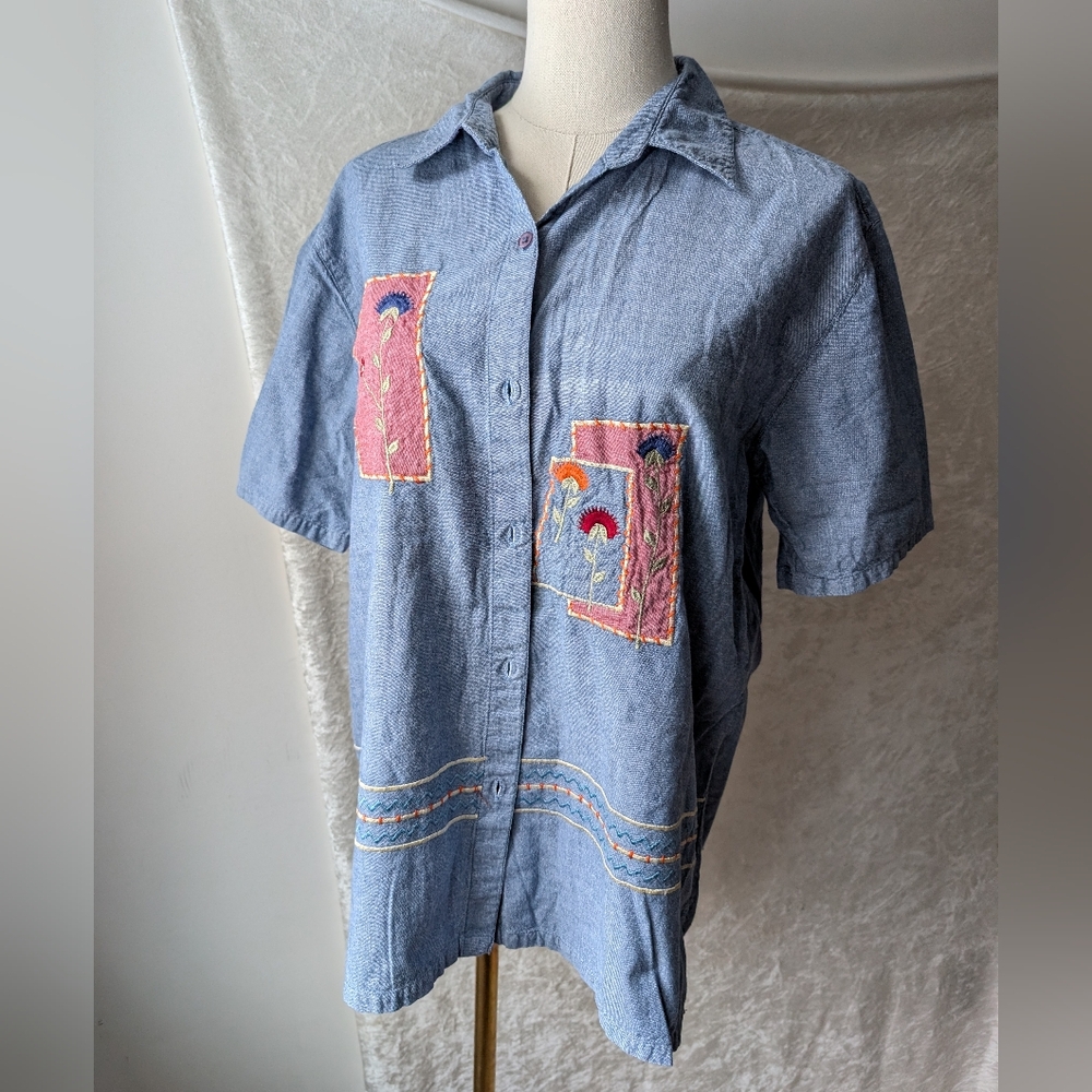 Vtg Bobby Brooks Floral Denim Cotton Blouse Short Sleeve Button Up